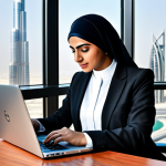 **

A professional Arab businesswoman in a modest, tailored business suit, working on a laptop at a modern office desk, Burj Khalifa visible through the window, Dubai skyline in the background, fully clothed, appropriate attire, safe for work, perfect anatomy, natural proportions, professional photography, high quality.

**