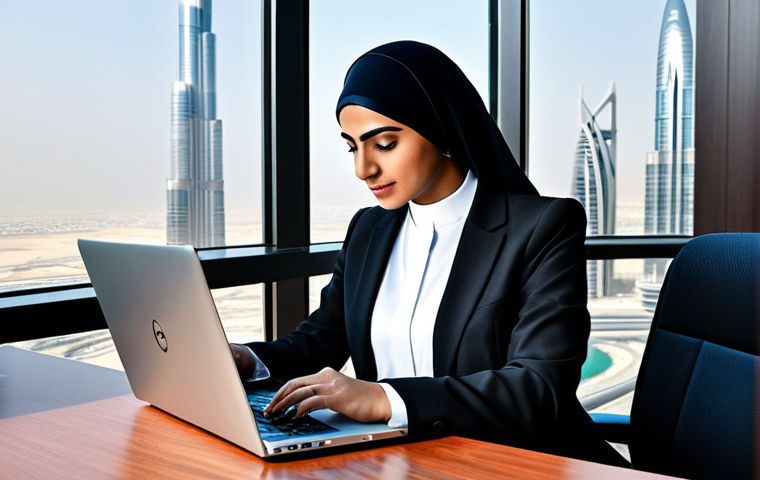 **
A professional Arab businesswoman in a modest, tailored business suit, working on a laptop at a modern office desk, Burj Khalifa visible through the window, Dubai skyline in the background, fully clothed, appropriate attire, safe for work, perfect anatomy, natural proportions, professional photography, high quality.
**