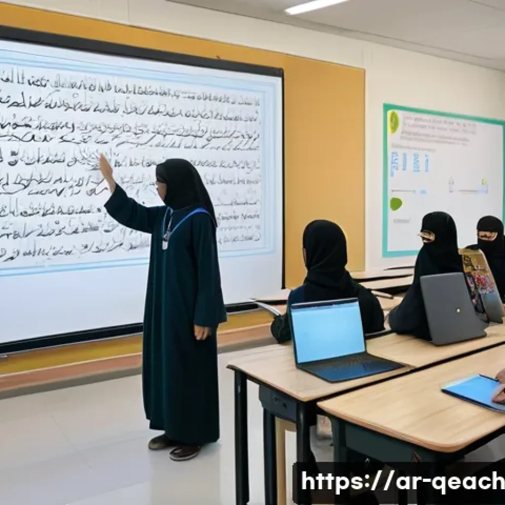 모듈식 교육과정에서의 학습 결과 측정 - A modern Arabic classroom scene showing a diverse group of students attentively participating in a b...