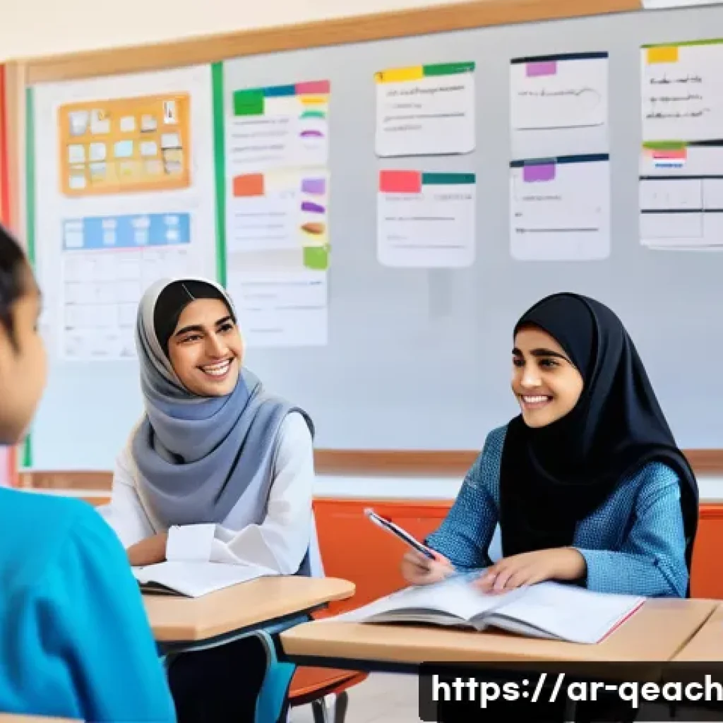 모듈식 교육과정의 지속 가능한 개발 목표 - A vibrant classroom scene in a modern Middle Eastern school, featuring diverse Arab students aged ar...