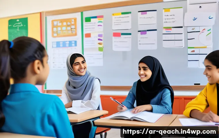 모듈식 교육과정의 지속 가능한 개발 목표 - A vibrant classroom scene in a modern Middle Eastern school, featuring diverse Arab students aged ar...