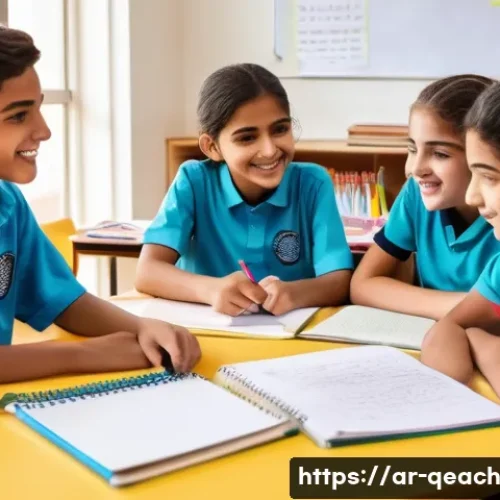 Home 33 모듈식 교육과정의 협력적 평가 방법 - A vibrant classroom scene in a modern Arab school setting, showing diverse group of students aged ar...