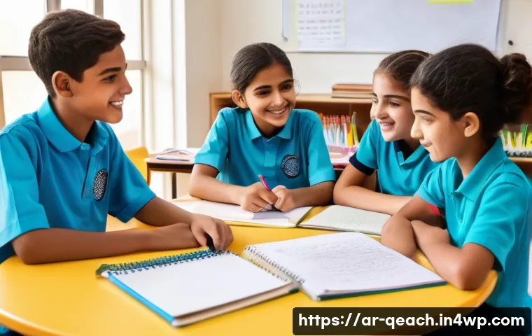 모듈식 교육과정의 협력적 평가 방법 - A vibrant classroom scene in a modern Arab school setting, showing diverse group of students aged ar...