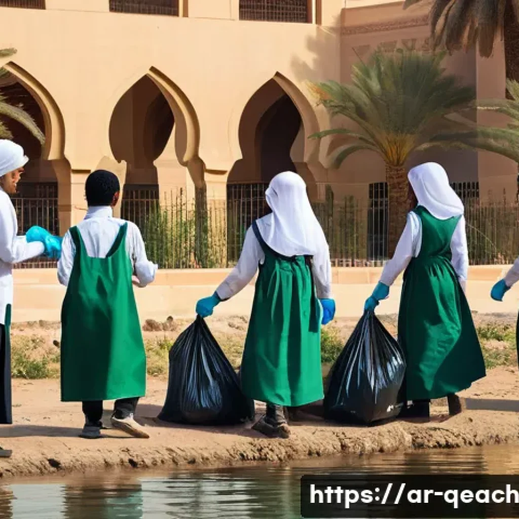모듈식 교육과정의 지역사회 연계 - A vibrant scene of Arab students wearing modest school uniforms participating in a community river c...