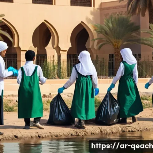 Home 32 모듈식 교육과정의 지역사회 연계 - A vibrant scene of Arab students wearing modest school uniforms participating in a community river c...