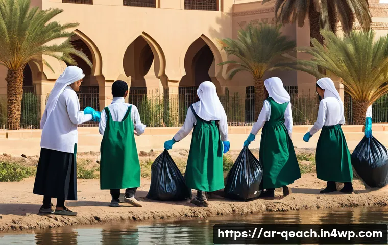 모듈식 교육과정의 지역사회 연계 - A vibrant scene of Arab students wearing modest school uniforms participating in a community river c...