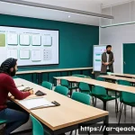 Home 19 모듈식 교육과정의 글로벌 사례 비교 - A modern classroom scene in Finland featuring diverse Arab students engaged in a group project withi...