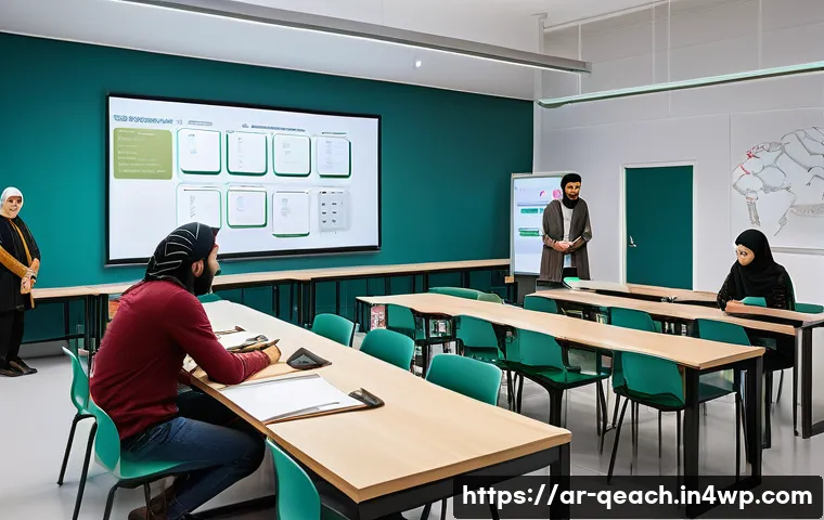 모듈식 교육과정의 글로벌 사례 비교 - A modern classroom scene in Finland featuring diverse Arab students engaged in a group project withi...