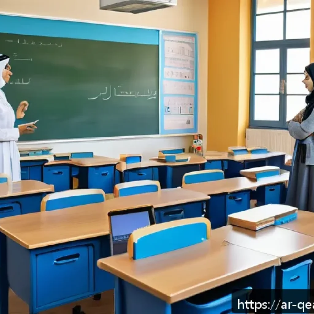 모듈식 교육과정의 지속 가능한 관리 방안 - A modern classroom scene in an Arabic-speaking country featuring diverse students aged around 15, al...