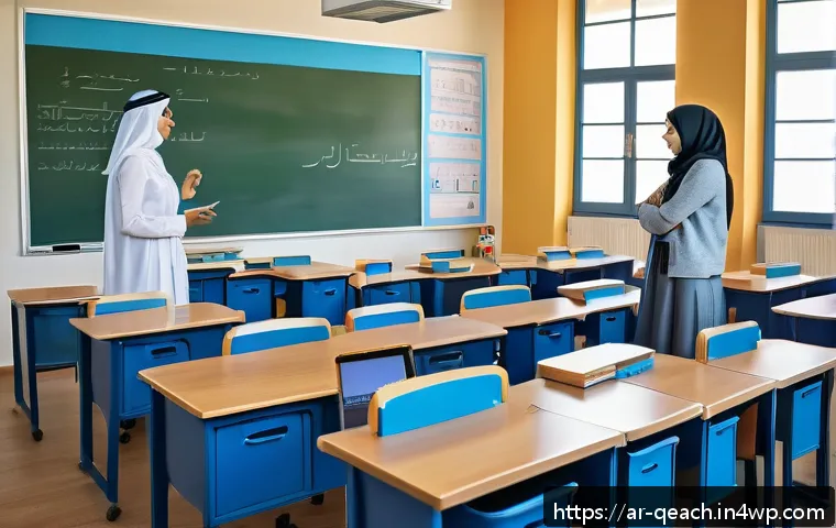 모듈식 교육과정의 지속 가능한 관리 방안 - A modern classroom scene in an Arabic-speaking country featuring diverse students aged around 15, al...