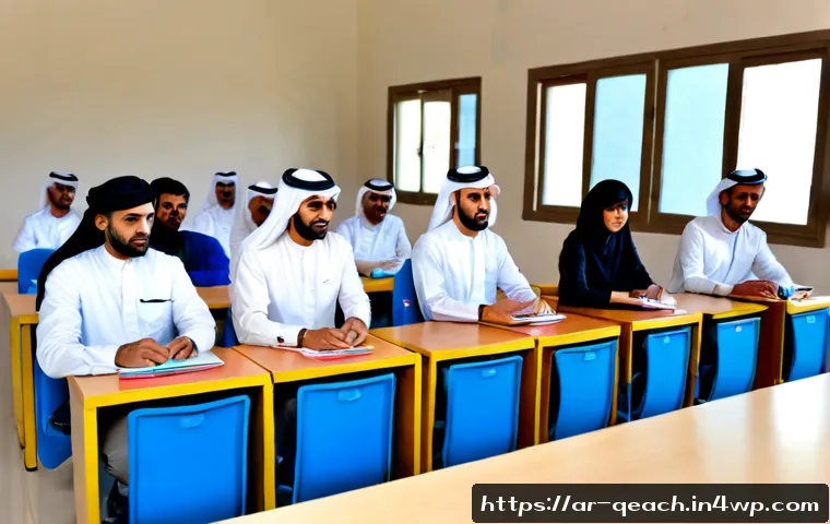 모듈식 교육과정의 활용 방안 - Photorealistic modern classroom in an Arab Gulf city, diverse adult Arabic-speaking learners seated ...